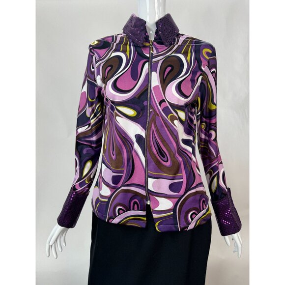 Psychedelic Patterned Jacket With Sequin Collar & Cuffs Sz Lg Zip Front Polyeste - Picture 8 of 16
